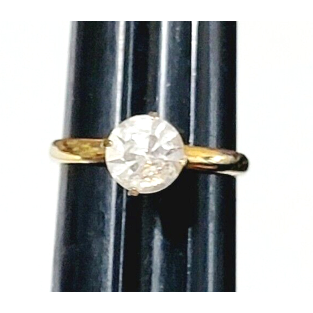 Solitaire Glass Ring, Sz 5, Gold-tone Engagement Ring Clear Rhinestone r-90